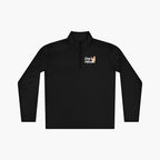 Black long-sleeve quarter zip with 'Dog's Person Everyday Hero' text and dog illustration on a white background