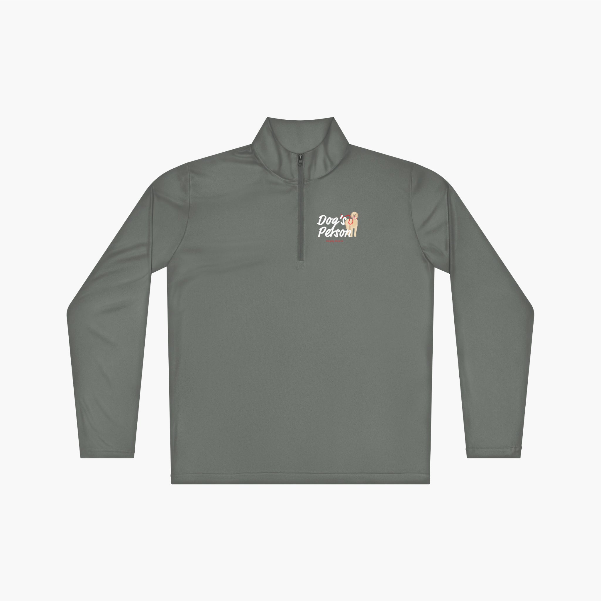 Gray long-sleeve quarter zip featuring text 'Dog's Person' on the chest against a white background