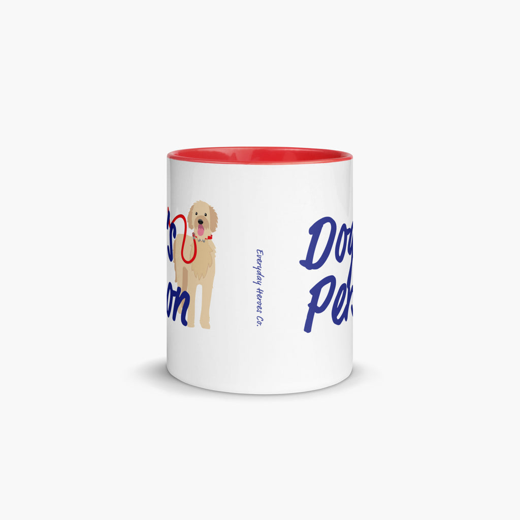 White mug with red interior and handle, featuring a dog illustration and text on a white background.
