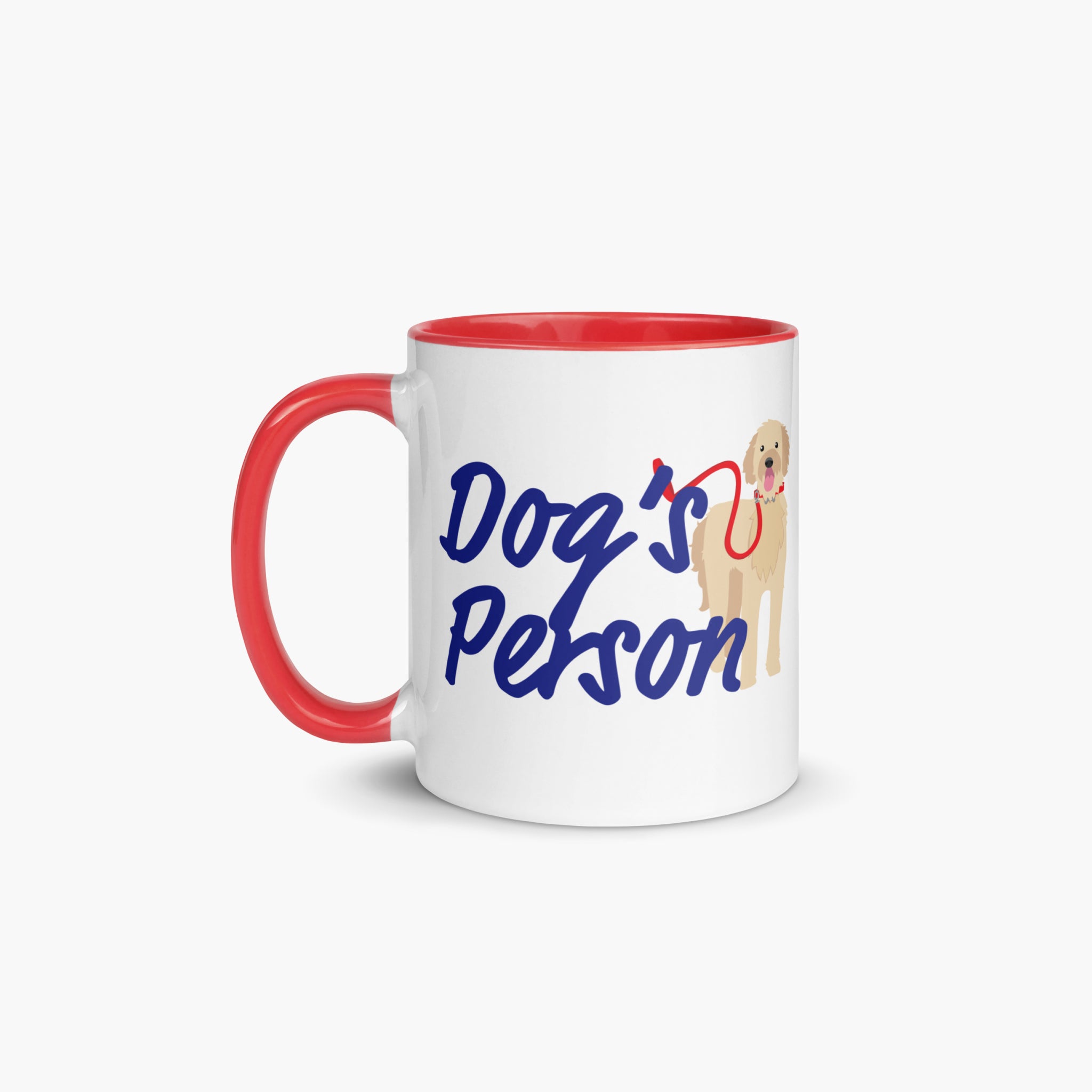 Mug with red handle and interior featuring 'Dog's Person' text and a dog illustration on a white background