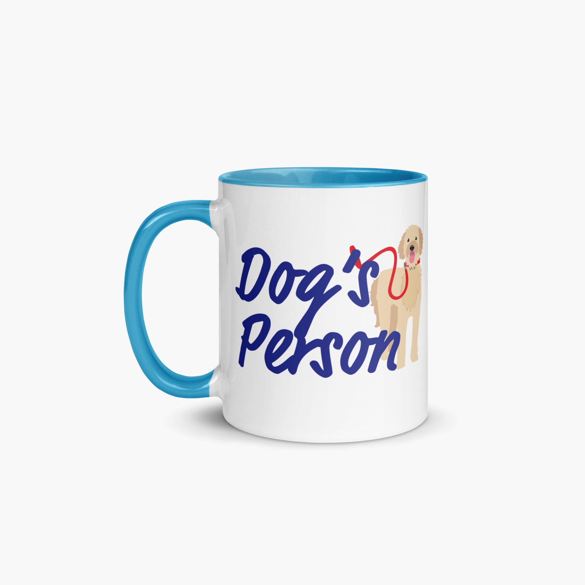 White mug with blue handle and interior, featuring 'Dog's Person' text and a dog illustration on a white background.