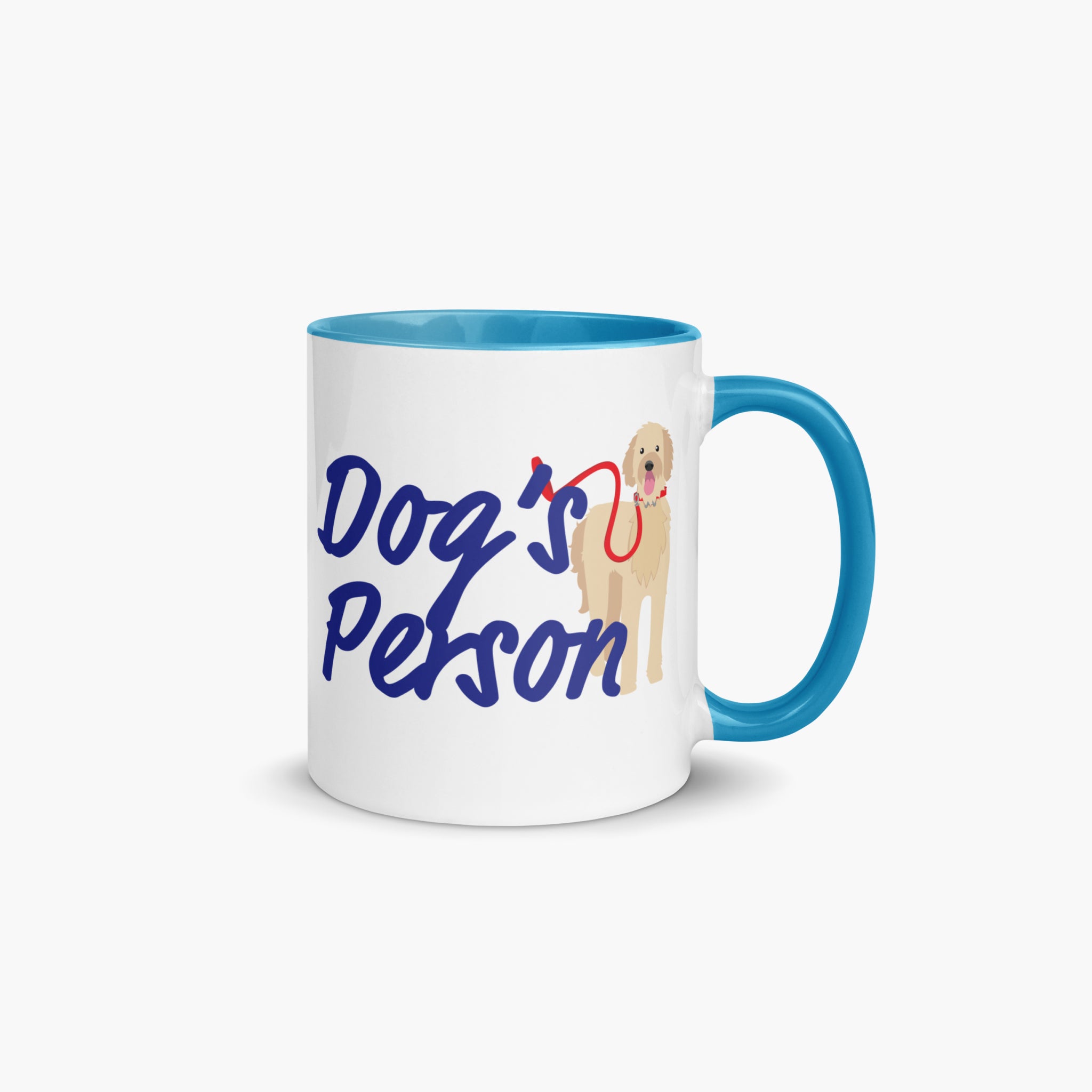 Mug with cyan handle and interior featuring 'Dog's Person' text and a dog illustration on a white background