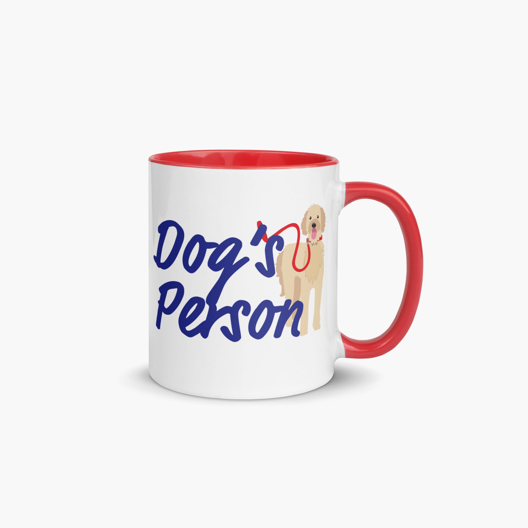 Mug with red handle and red interior featuring 'Dog's Person' text and a dog illustration on a white background