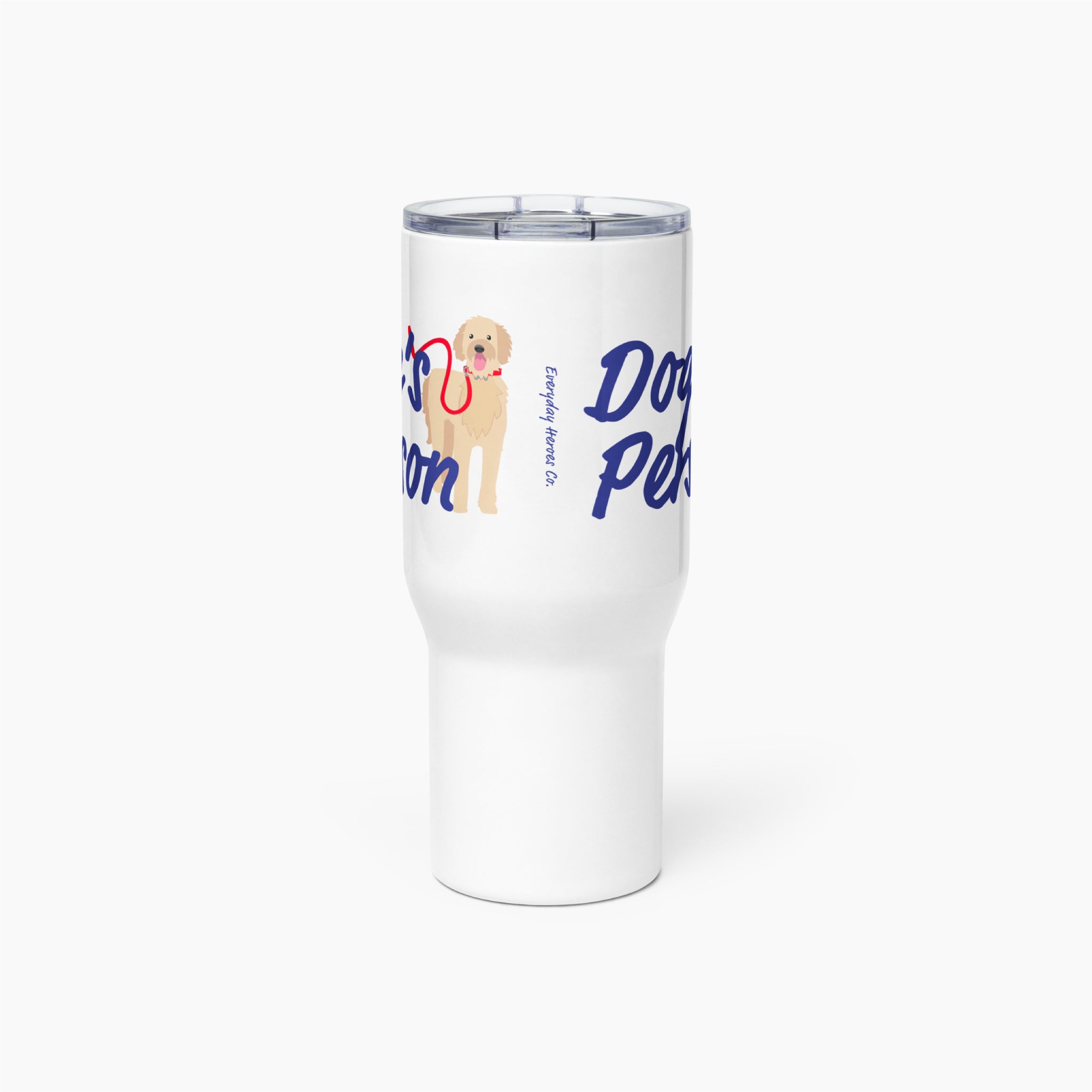 White travel mug with a dog design and text on a white background