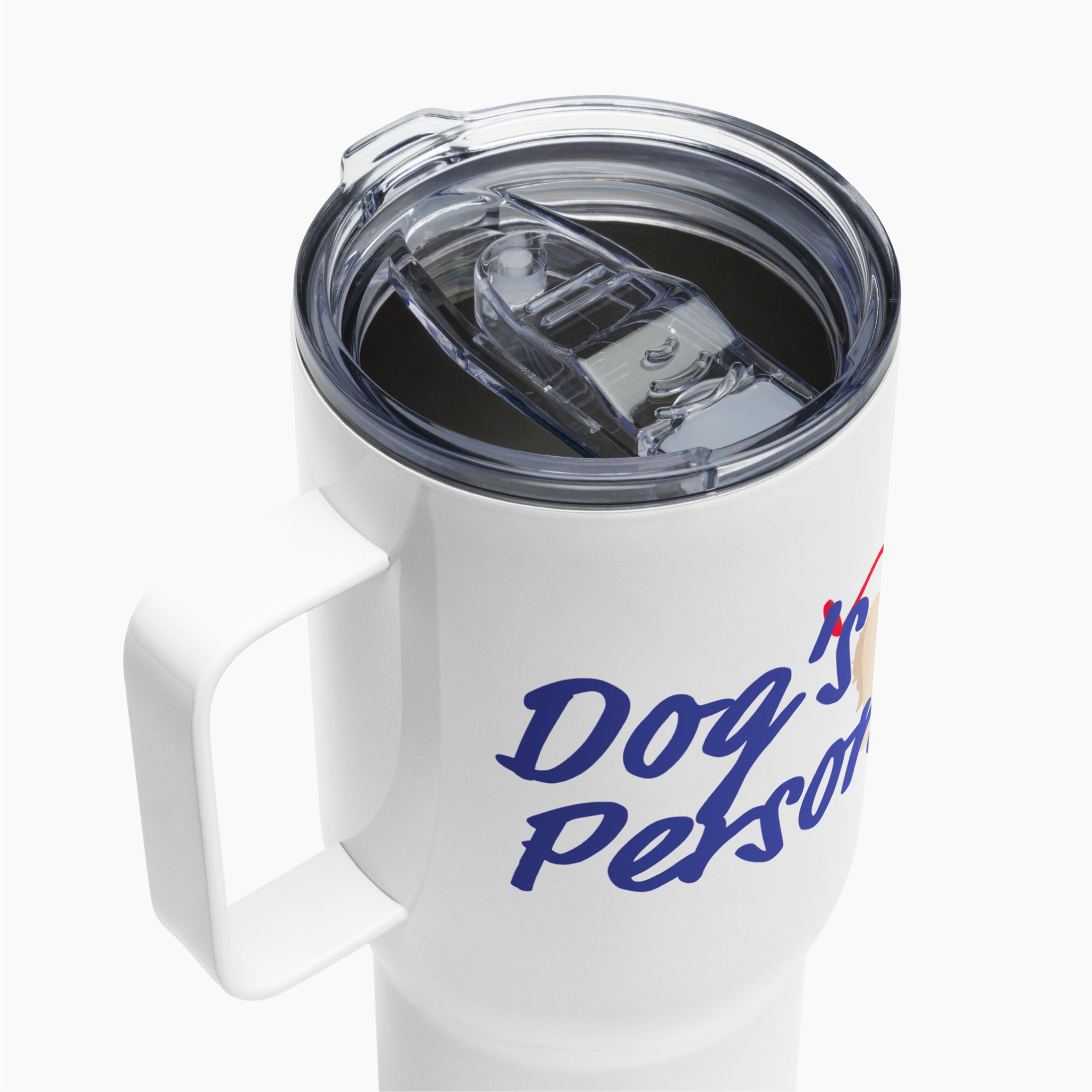 White travel mug with blue text 'Dog is Person' on a white background