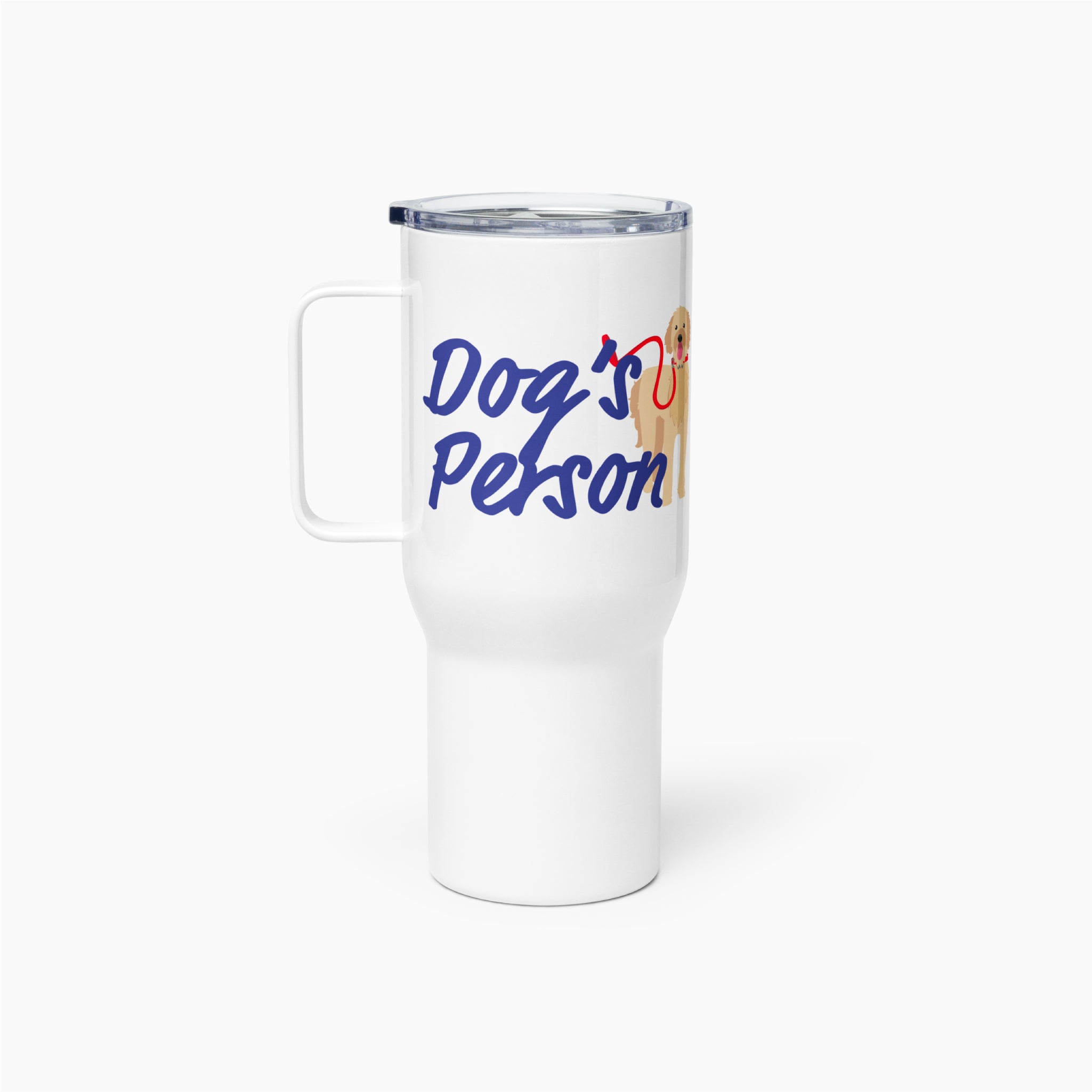 White travel mug with 'Dog's Person' text and dog illustration on a white background