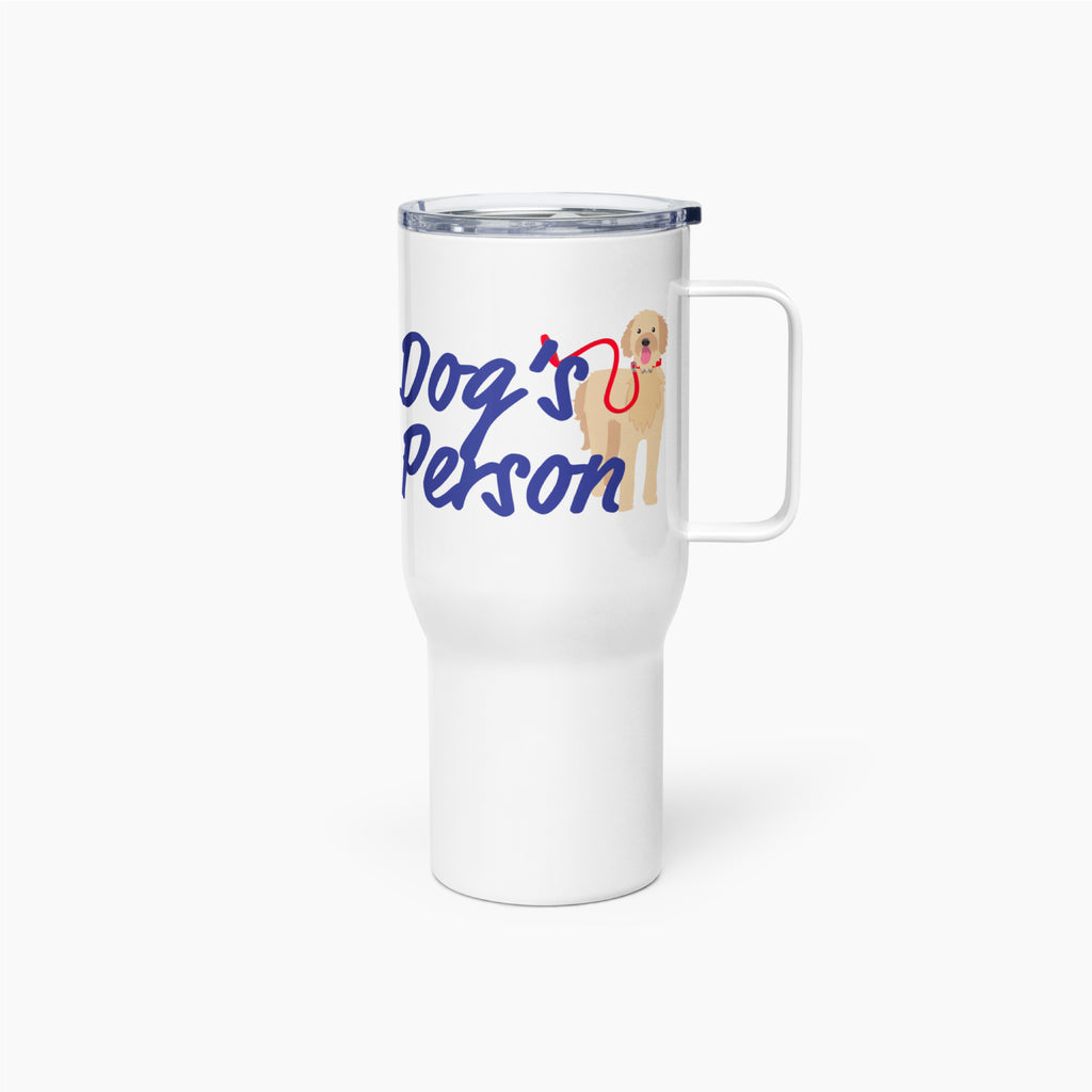 White travel mug with 'Dog's Person' text and a dog illustration on a white background