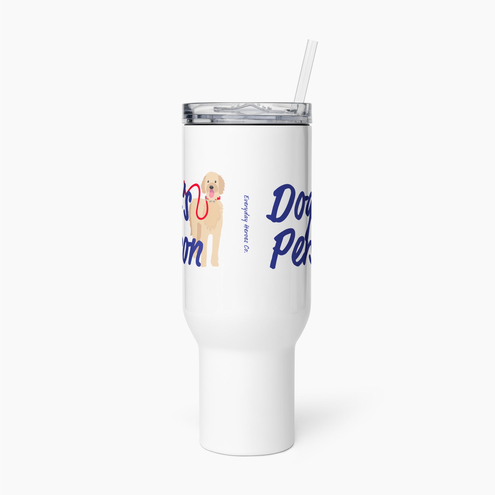 White travel mug with a dog illustration and text on a white background