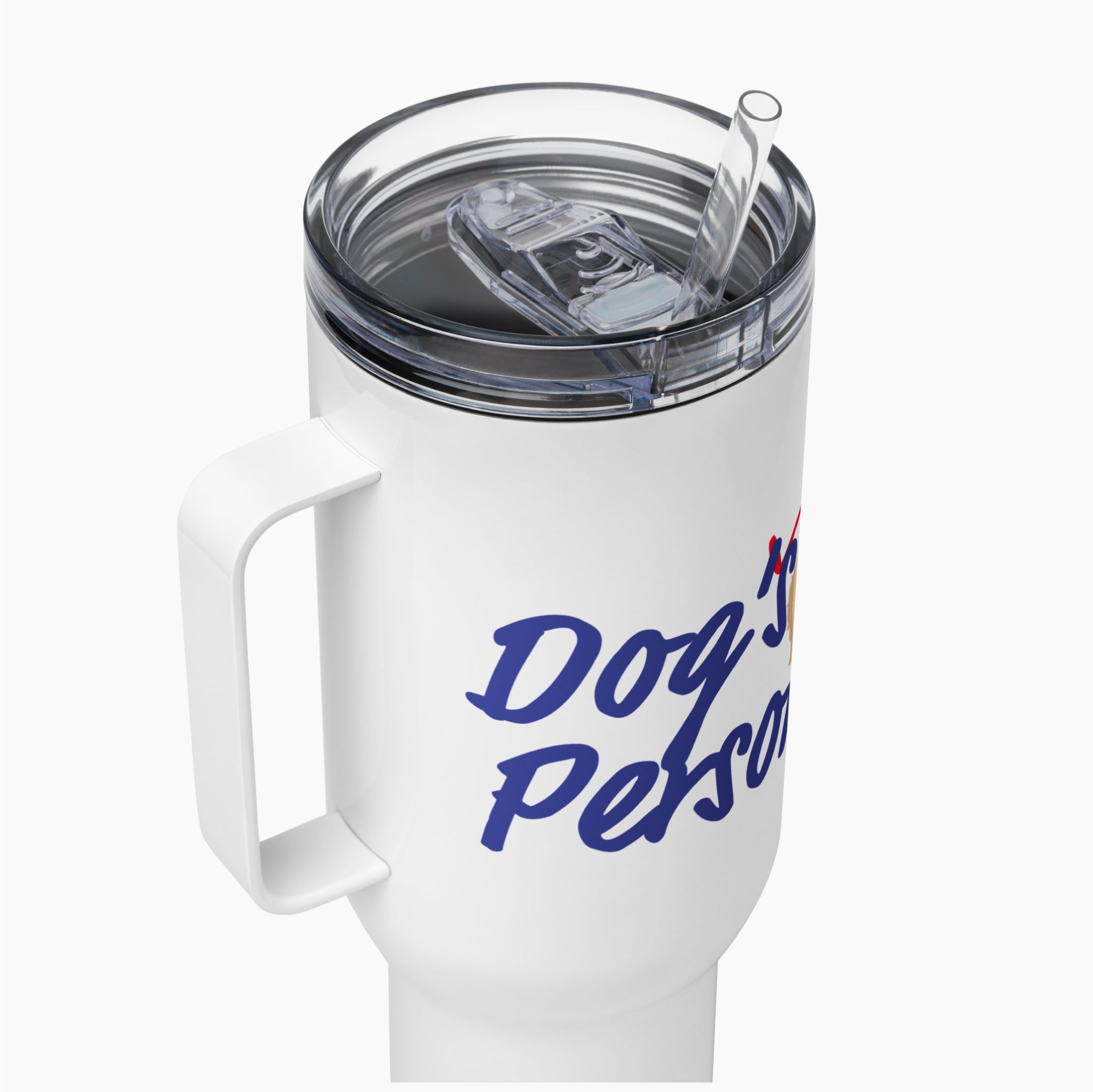 White travel mug with 'Dog's Person' text and a clear lid on a white background