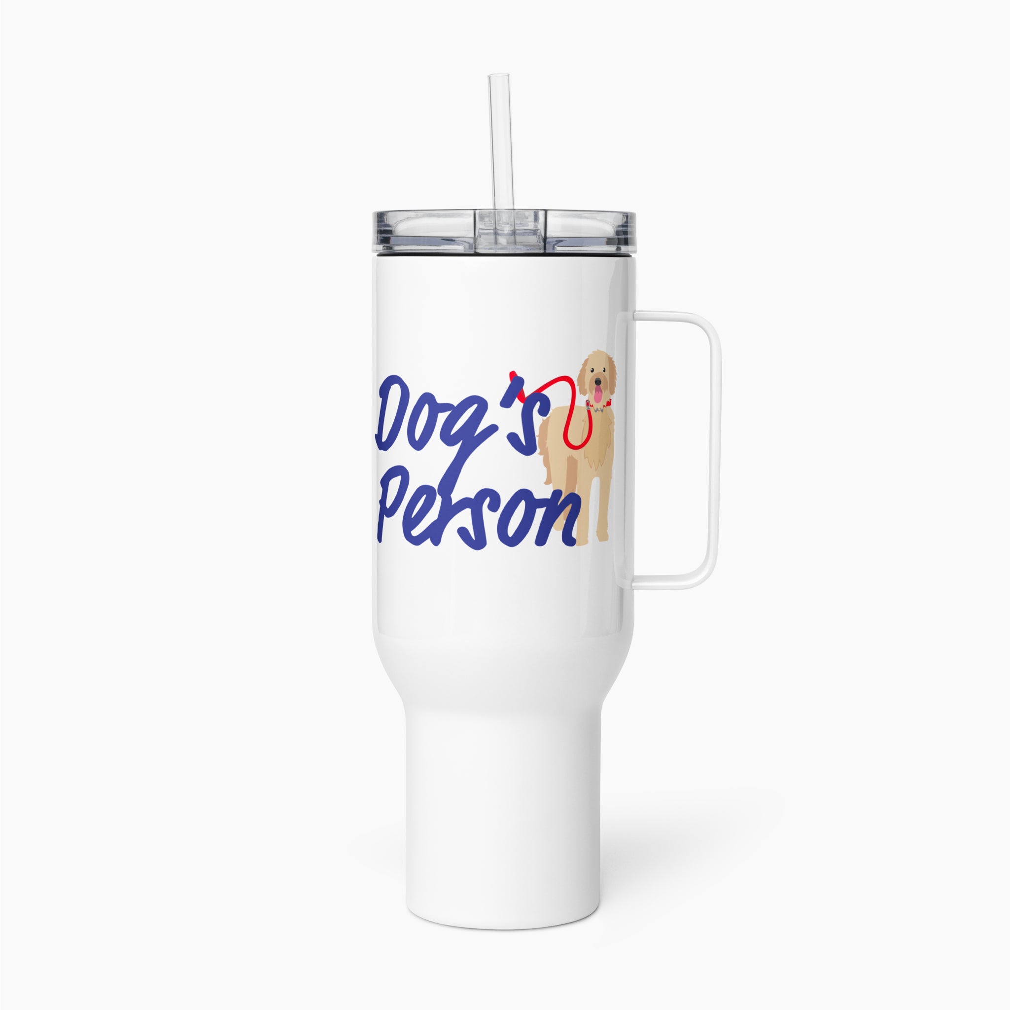 White travel mug with a handle and straw featuring 'Dog's Peterson' text and dog illustration on a white background.