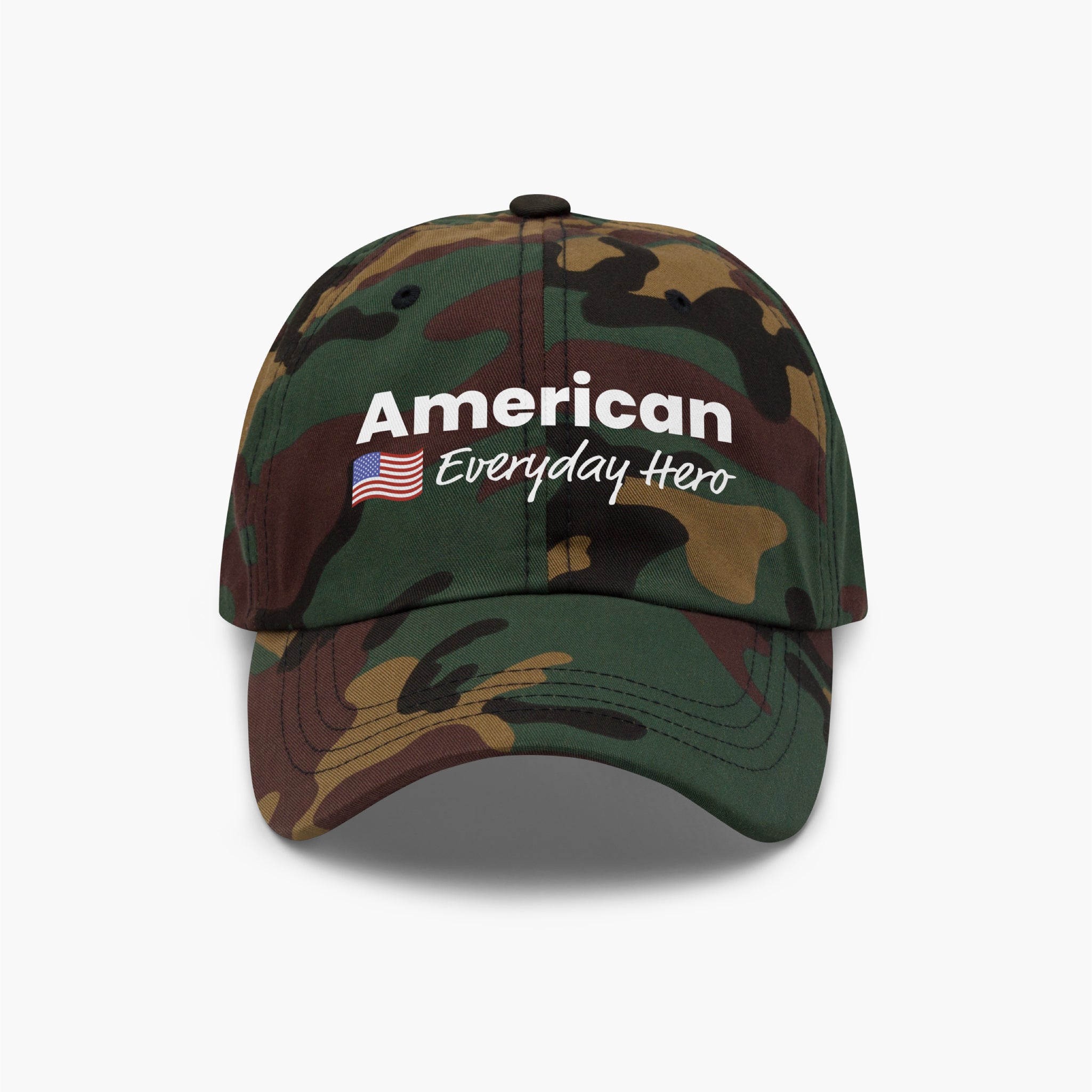 Camouflage baseball cap with 'American Everyday Hero' text on a white background
