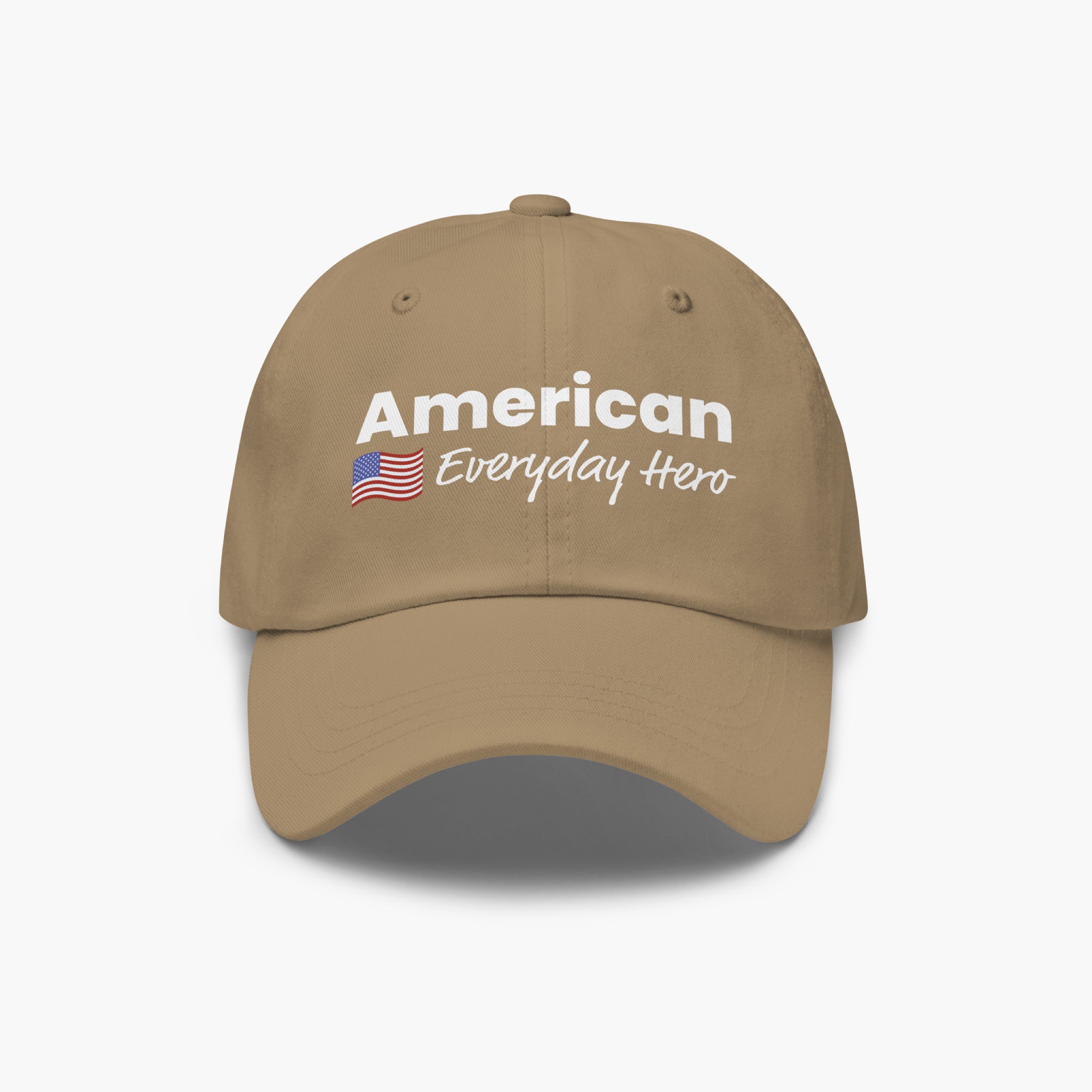 Khaki cap with 'American Everyday Hero' text and flag on a white background