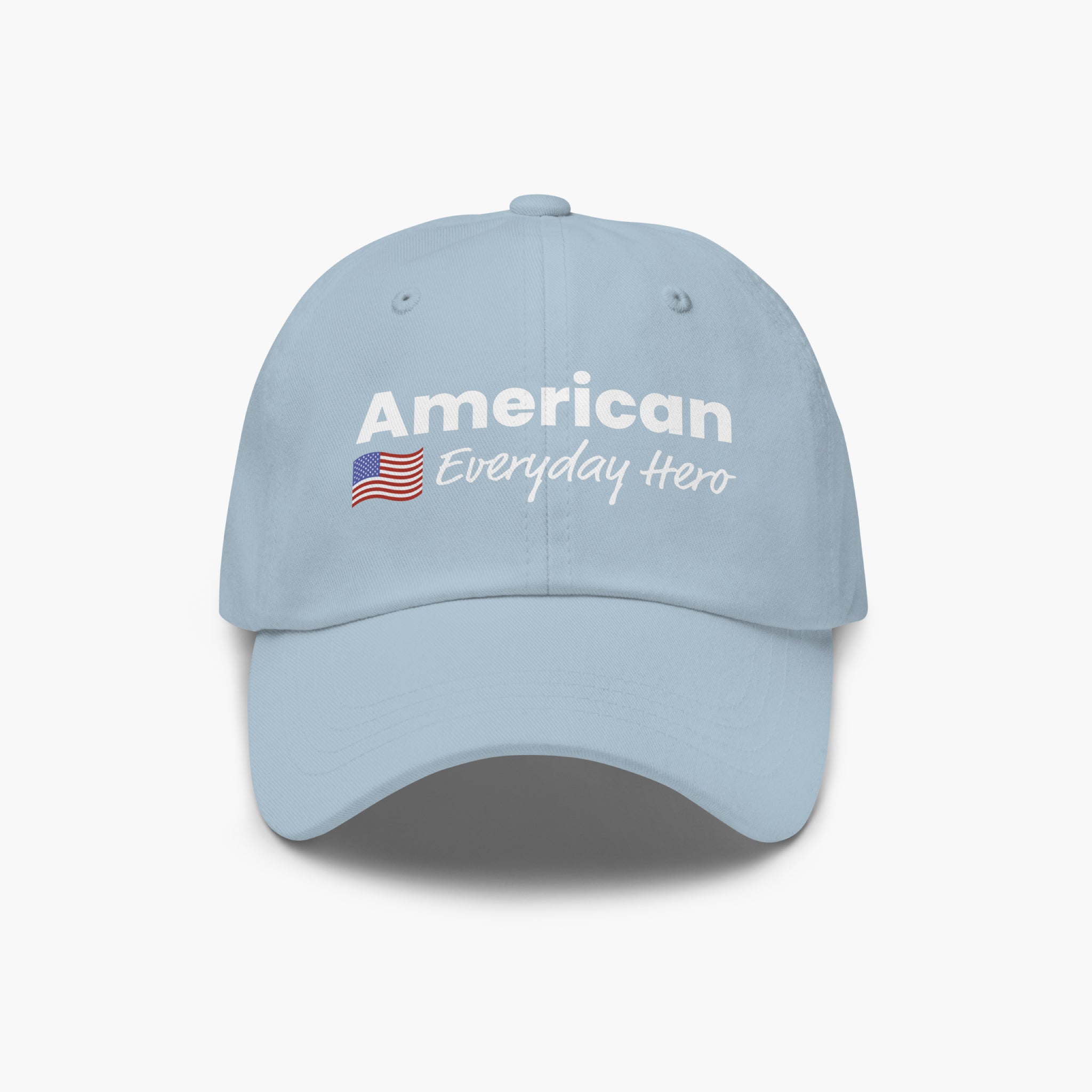Light blue cap with 'American Everyday Hero' text and flag on a white background