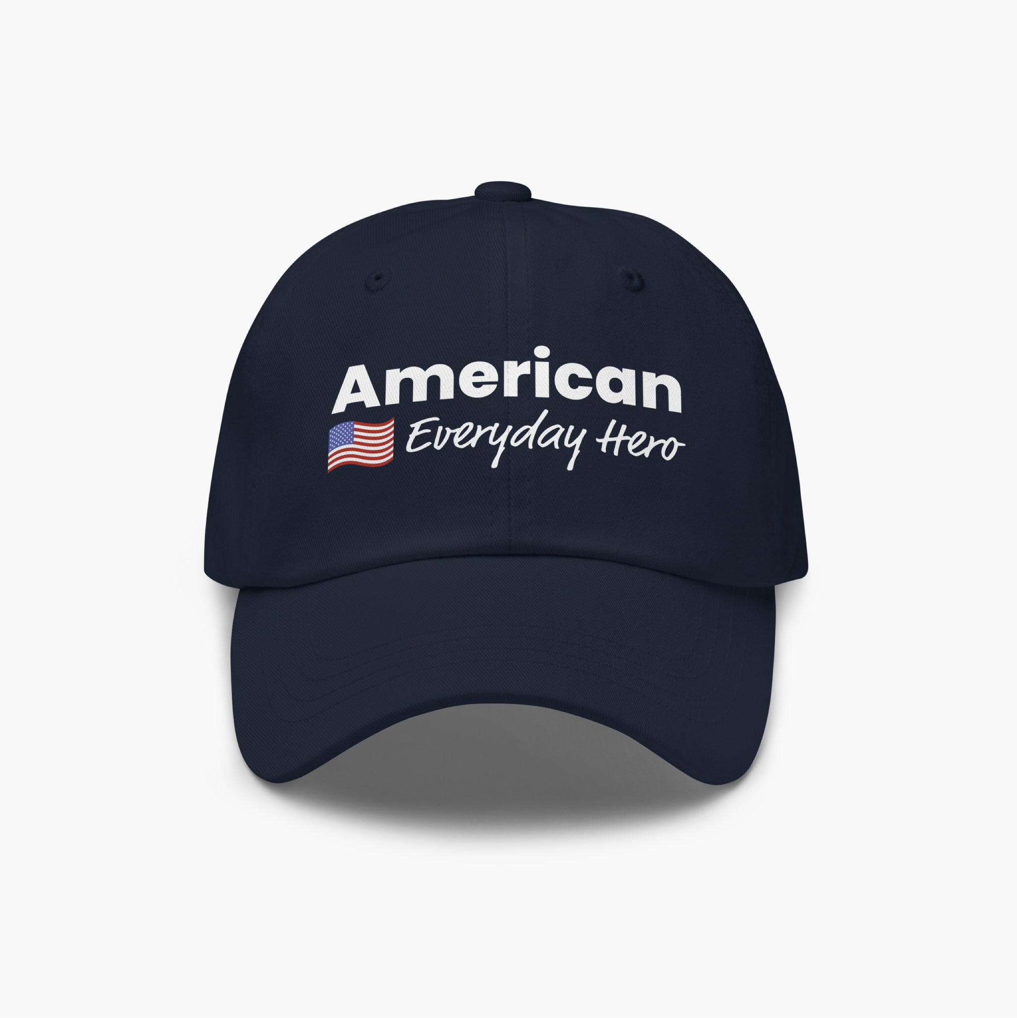 Navy blue cap with 'American Everyday Hero' text and flag on a white background