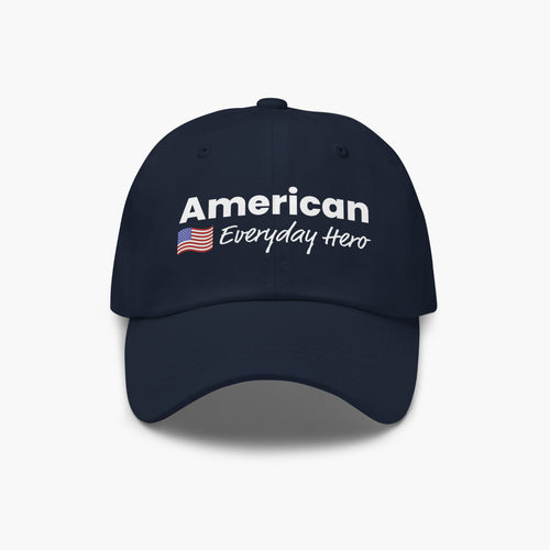 Navy blue cap with 'American Everyday Hero' text and flag on a white background