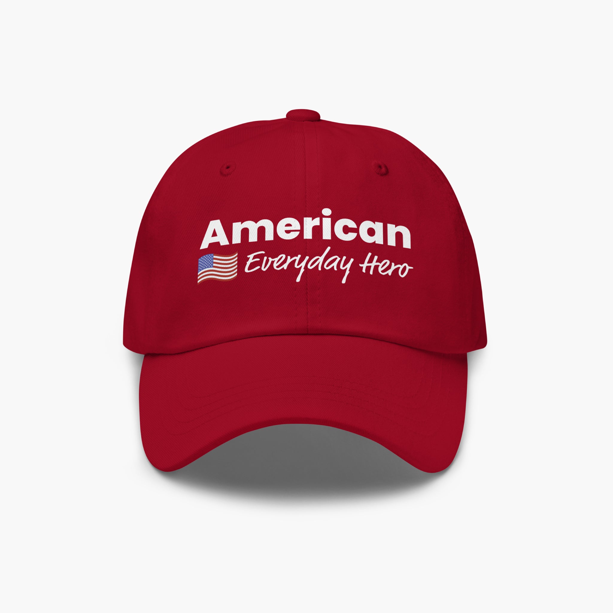 Red cap with 'American Everyday Hero' text on a white background