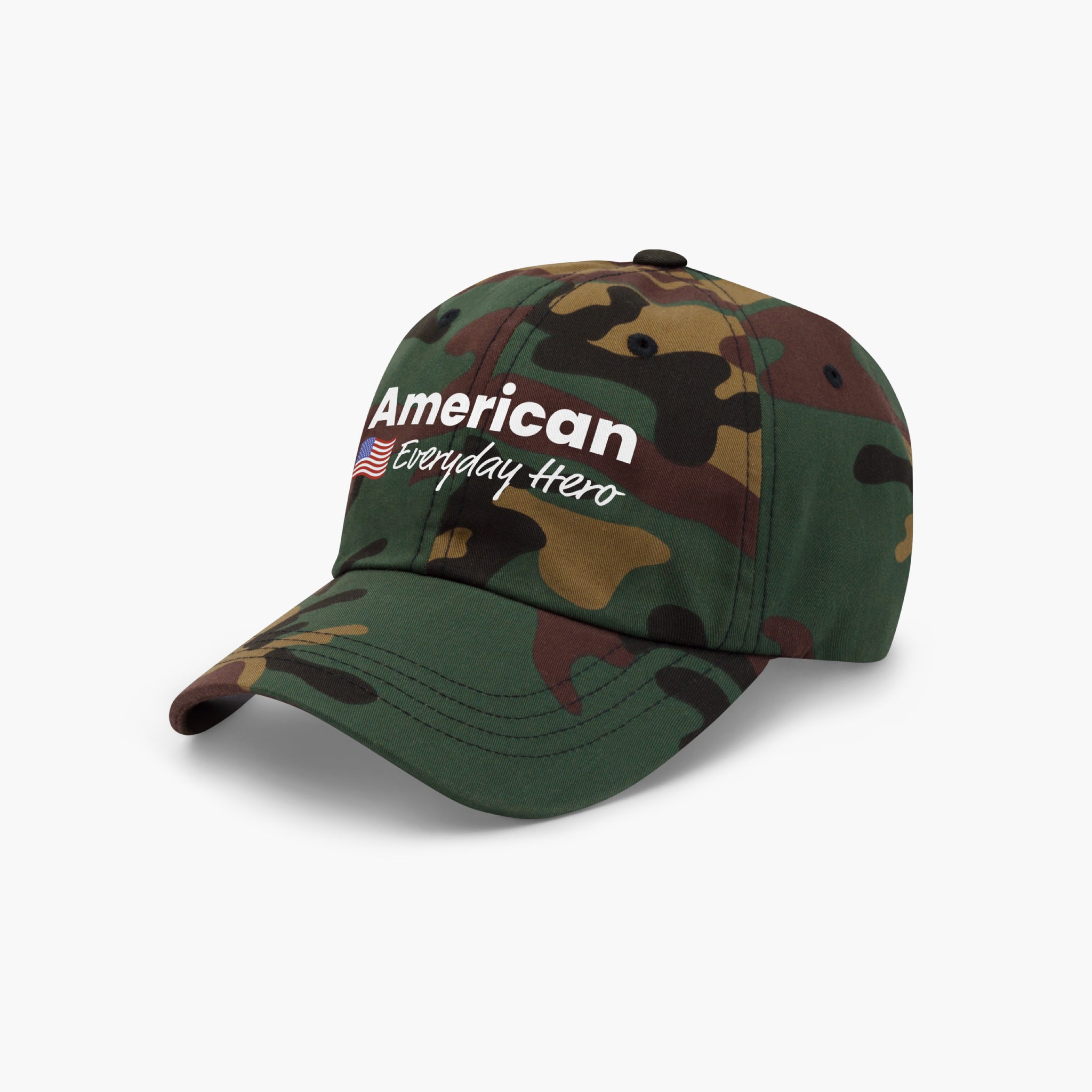 Camouflage baseball cap with 'American Everyday Hero' text on a white background