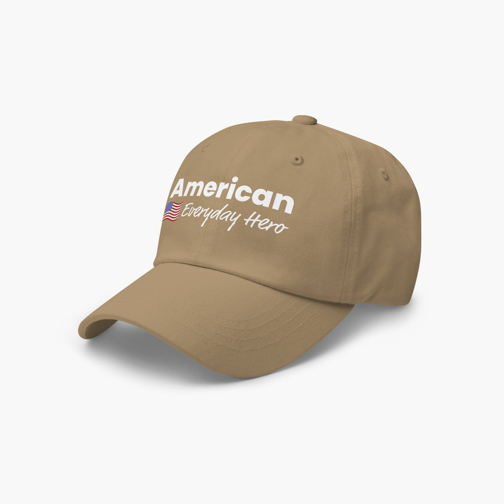 Khaki cap with 'American Everyday Hero' text on a white background