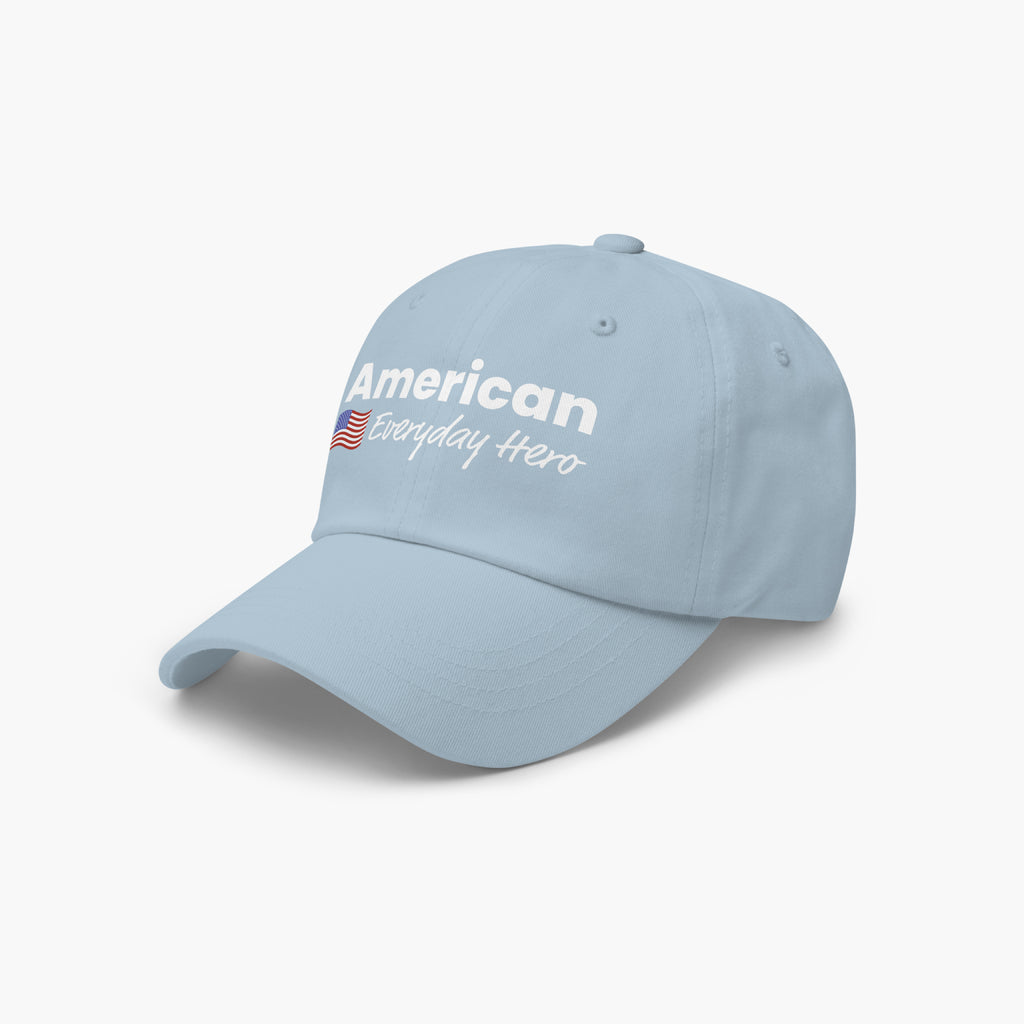 Light blue cap with 'American Everyday Hero' text on a white background