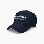 Navy blue cap with 'American Everyday Hero' text on a white background