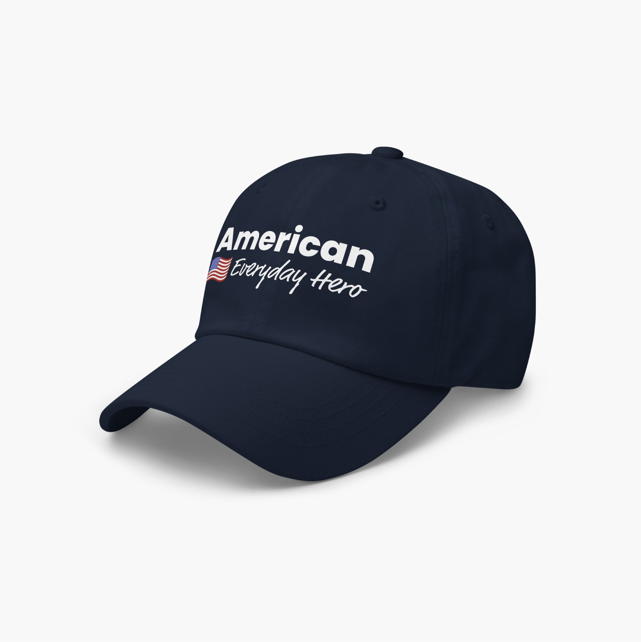 Navy blue cap with 'American Everyday Hero' text on a white background