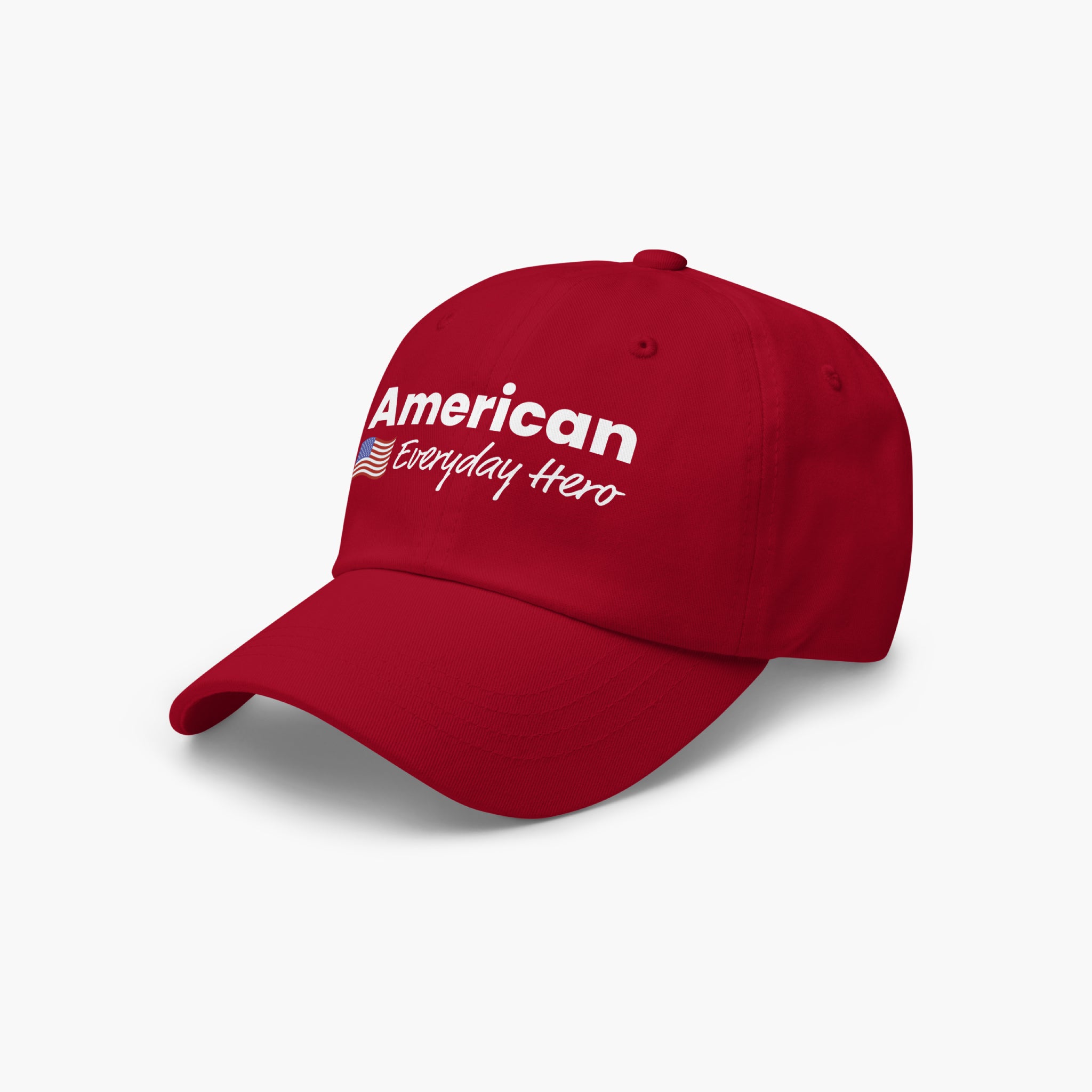 Red cap with 'American Everyday Hero' text on a white background