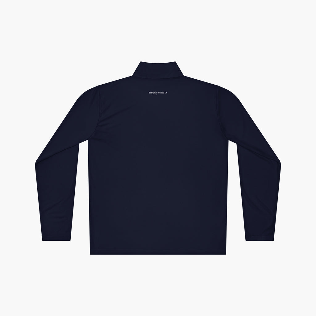 Back of Navy long-sleeve quarter zip with 'Everyday Hero' text logo on a white background