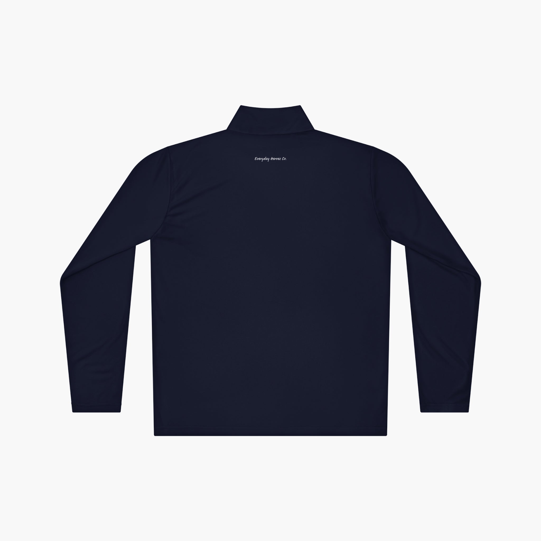 Back of Navy long-sleeve quarter zip with 'Everyday Hero' text logo on a white background