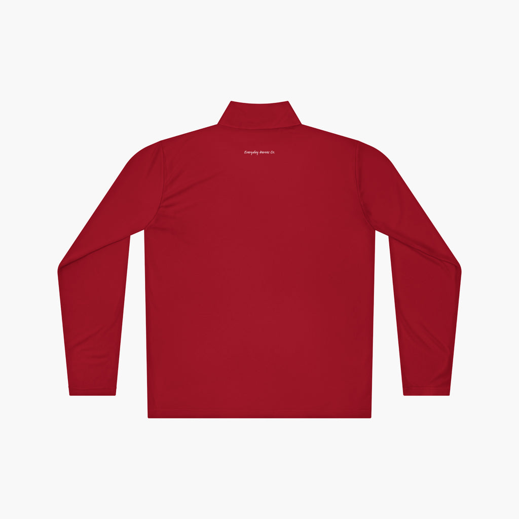 Back of Red long-sleeve quarter zip with 'Everyday Hero' text logo on a white background