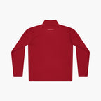Back of Red long-sleeve quarter zip with 'Everyday Hero' text logo on a white background