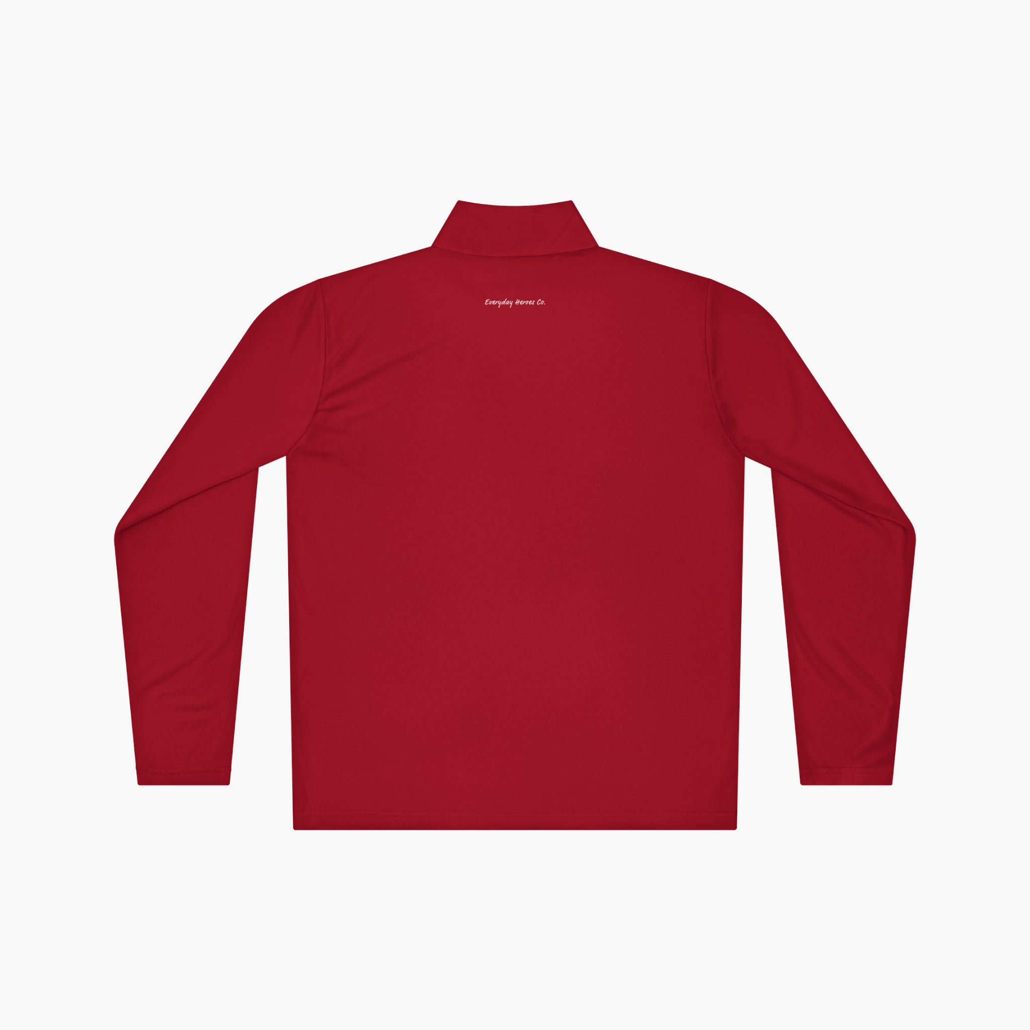 Back of Red long-sleeve quarter zip with 'Everyday Hero' text logo on a white background