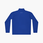 Back of Blue long-sleeve quarter zip with 'Everyday Hero' text logo on a white background