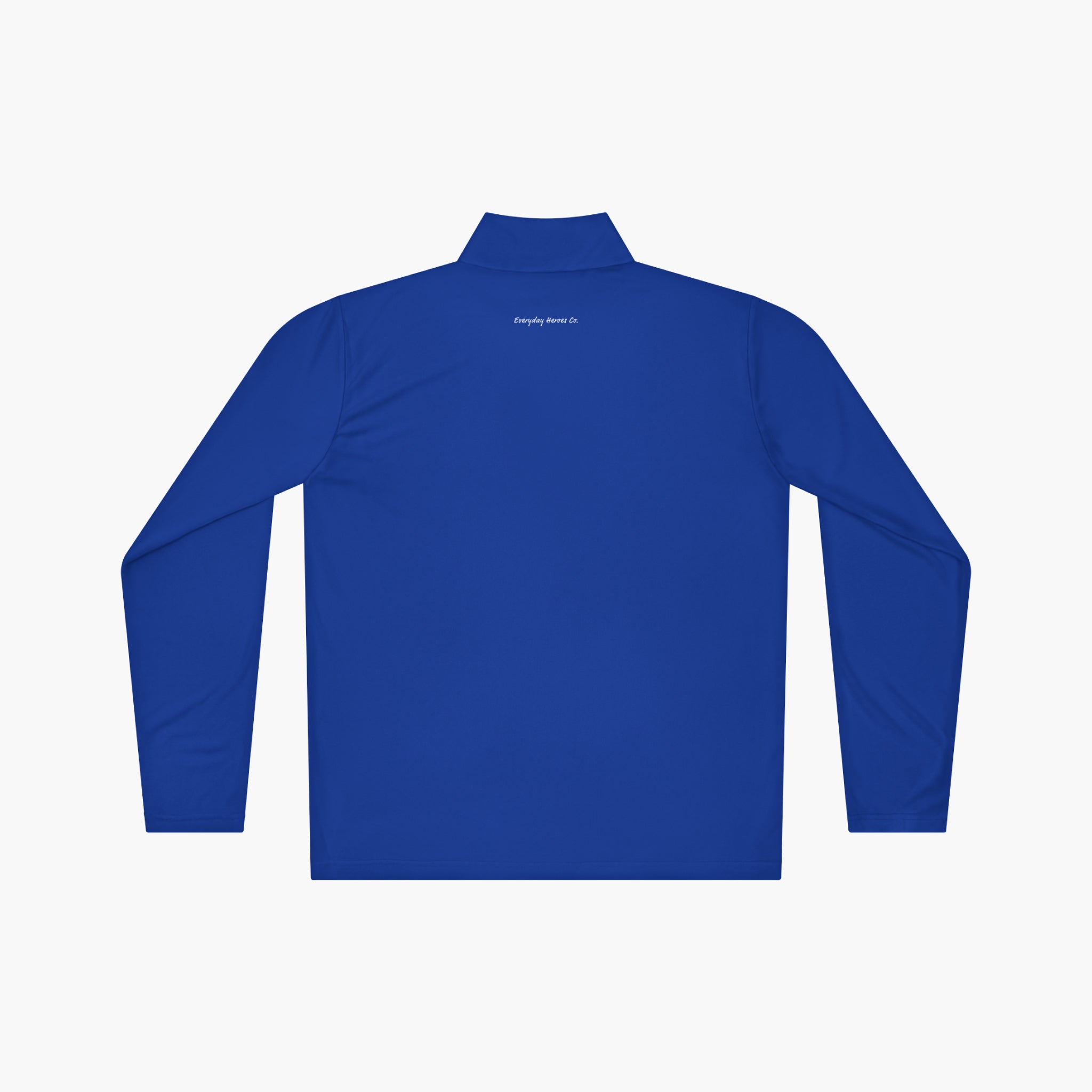 Back of Blue long-sleeve quarter zip with 'Everyday Hero' text logo on a white background