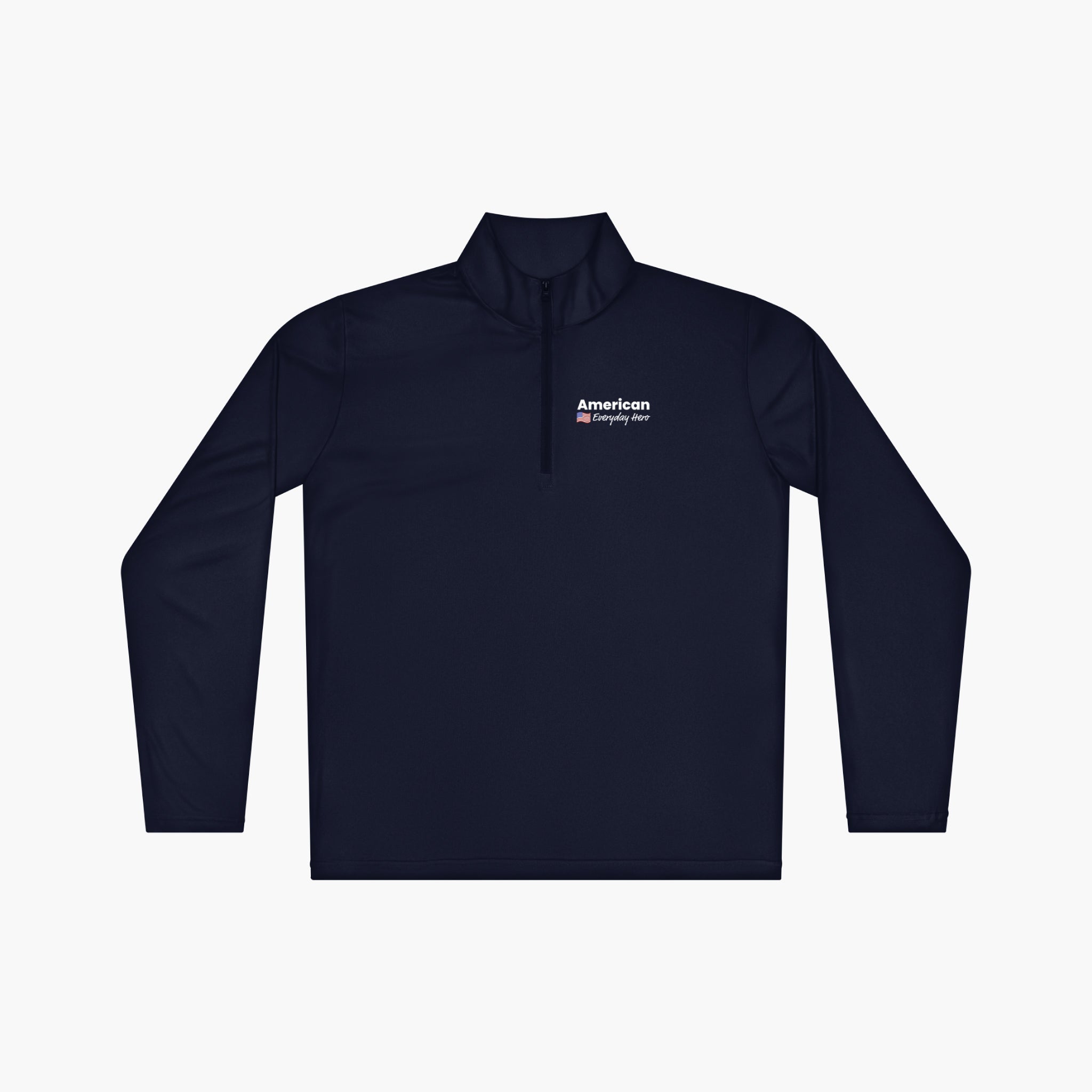 Navy long-sleeve quarter zip with 'American Everyday Hero' text and flag design on a white background
