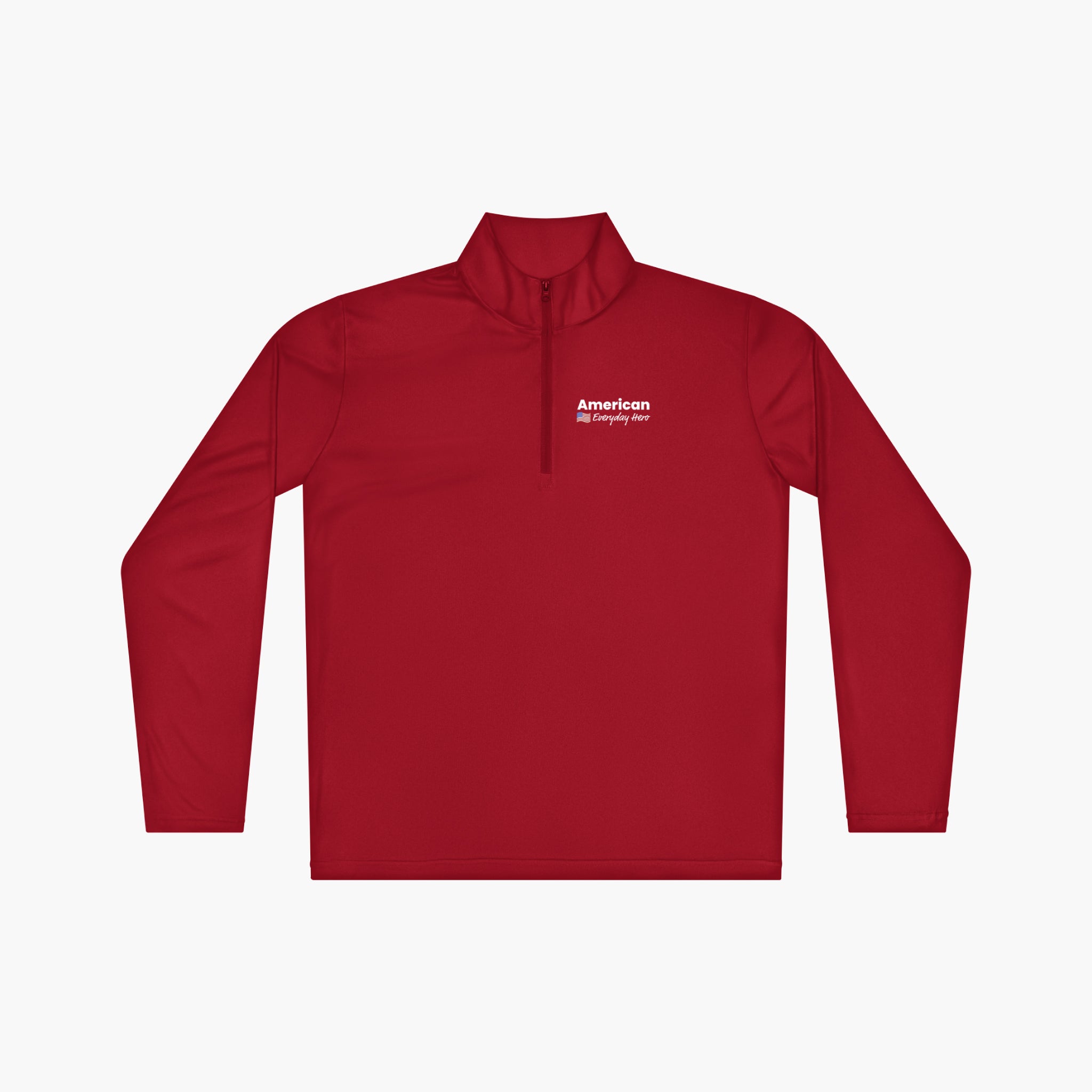 Red long-sleeve quarter zip with 'American Everyday Hero' text and flag design on a white background