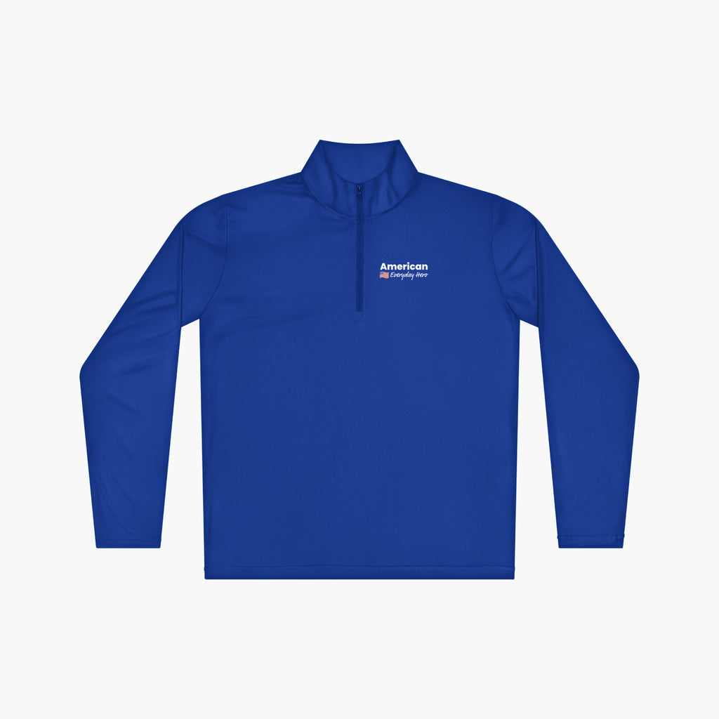 Blue long-sleeve quarter zip with 'American Everyday Hero' text and flag design on a white background