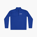 Blue long-sleeve quarter zip with 'American Everyday Hero' text and flag design on a white background