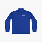 Blue long-sleeve quarter zip with 'American Everyday Hero' text and flag design on a white background