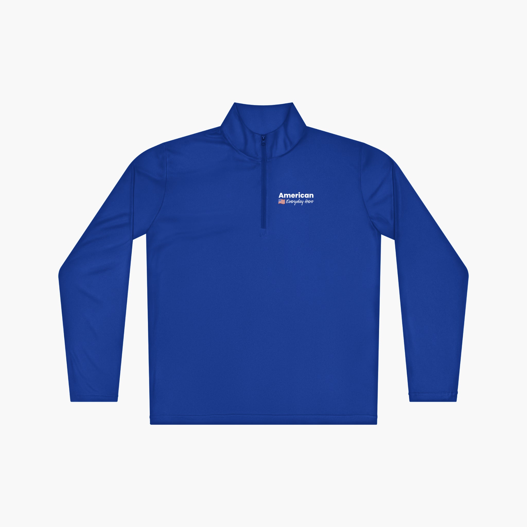 Blue long-sleeve quarter zip with 'American Everyday Hero' text and flag design on a white background