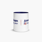 White mug with navy interior and text on a white background