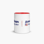 White mug with red interior and text on a white background