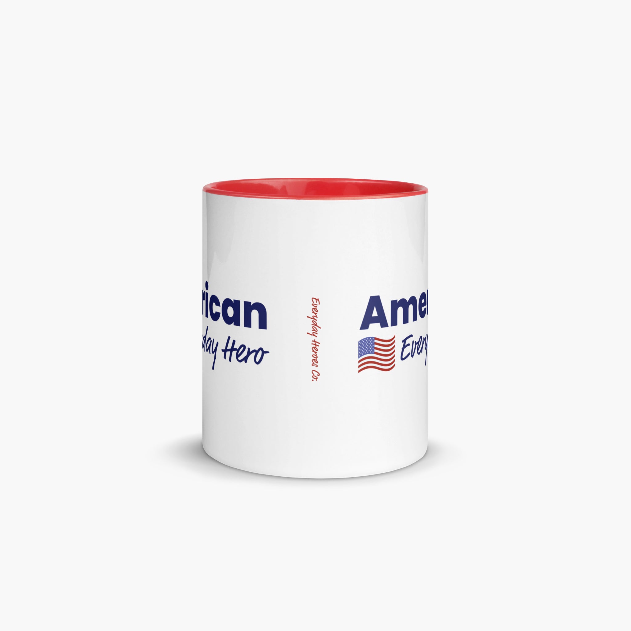 White mug with red interior and text on a white background