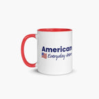 White mug with red handle and red interior featuring 'American Everyday Hero' text and flag design on a white background