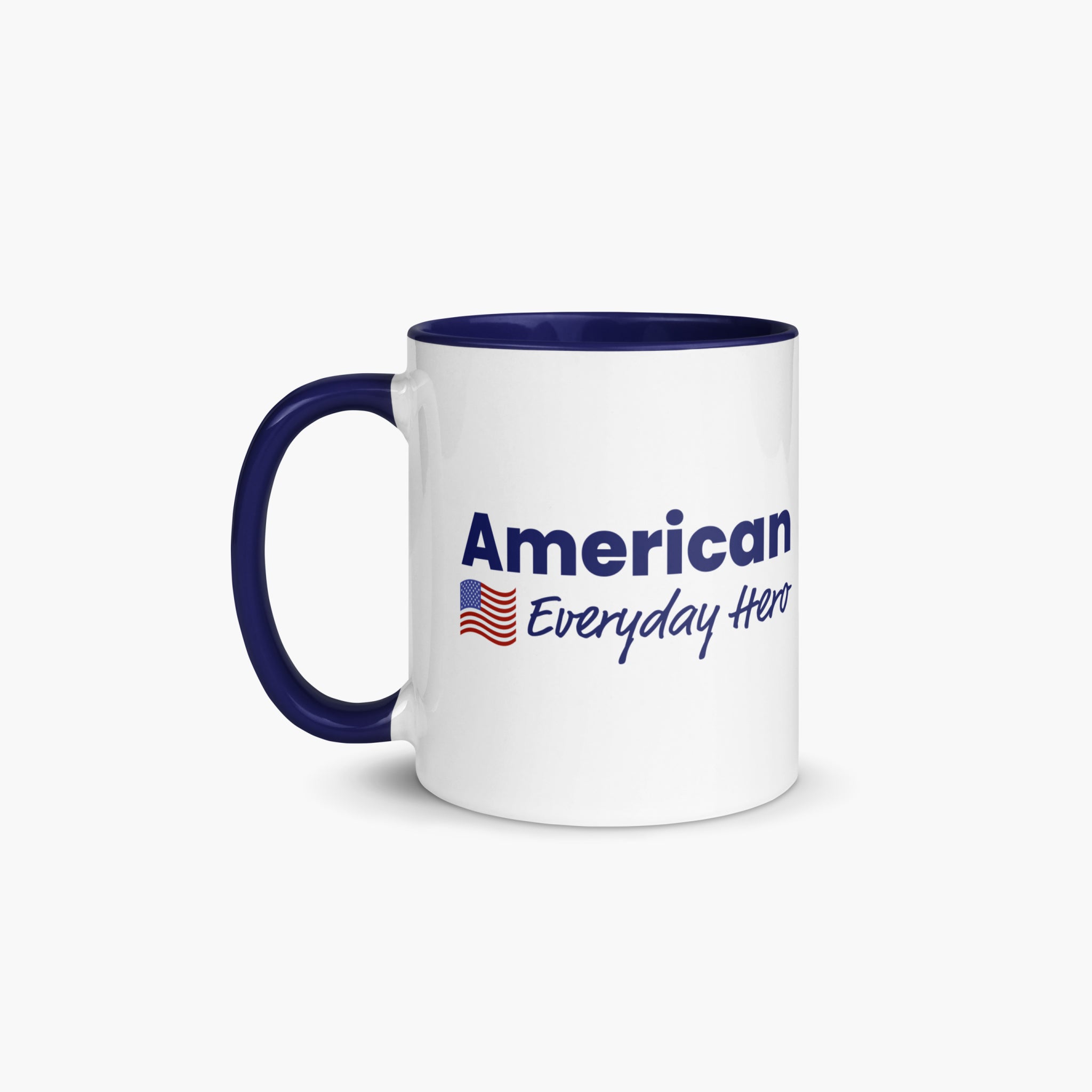 White mug with blue handle and 'American Everyday Hero' text on a white background