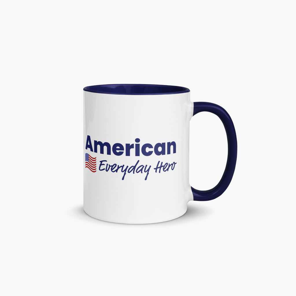 Mug with navy interior featuring 'American Everyday Hero' text and American flag on a white background