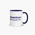 Mug with navy interior featuring 'American Everyday Hero' text and American flag on a white background