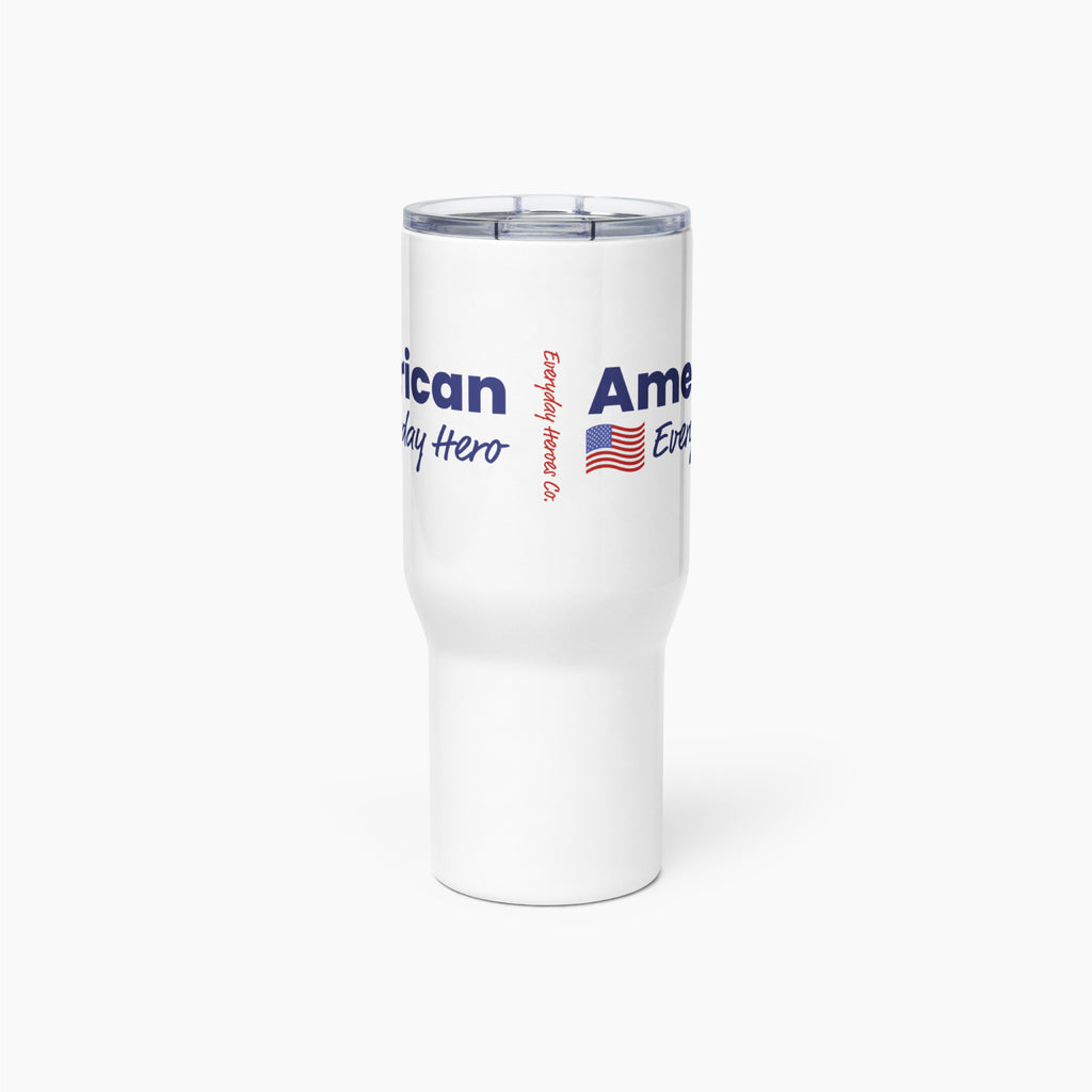 White tumbler with 'American Everyday Hero' text and flag design on a white background