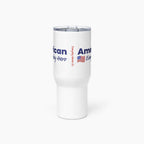 White tumbler with 'American Everyday Hero' text and flag design on a white background