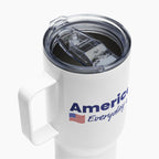 White travel mug with 'American Everyday Hero' text and flag on a white background
