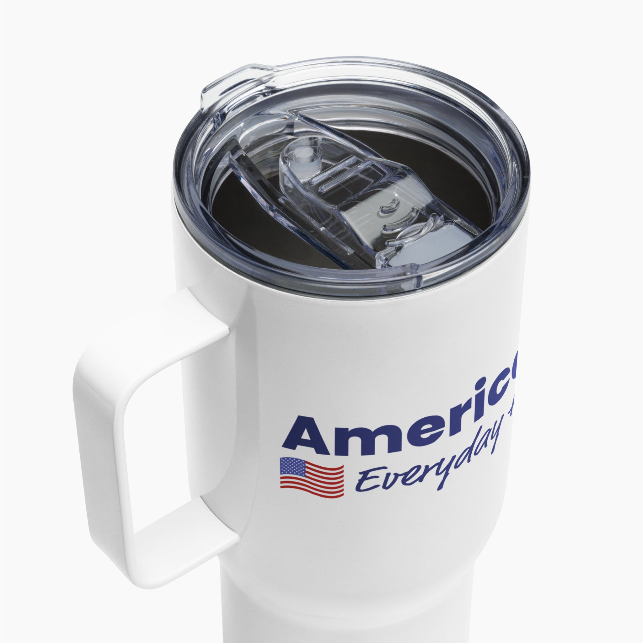 White travel mug with 'American Everyday Hero' text and flag on a white background